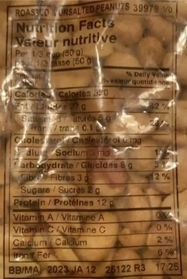 Arrachide non-salees nutrition facts table