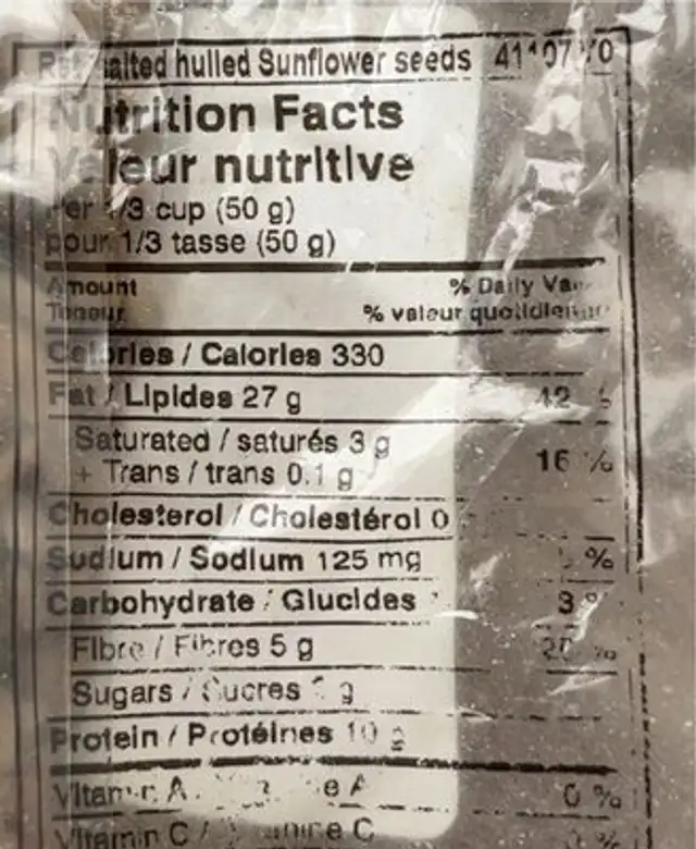 Roasted Salted Hulled Sunflower Seeds nutrition facts table