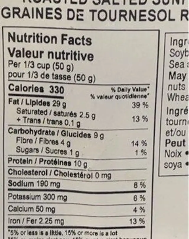 Graimes de tournesol nutrition facts table