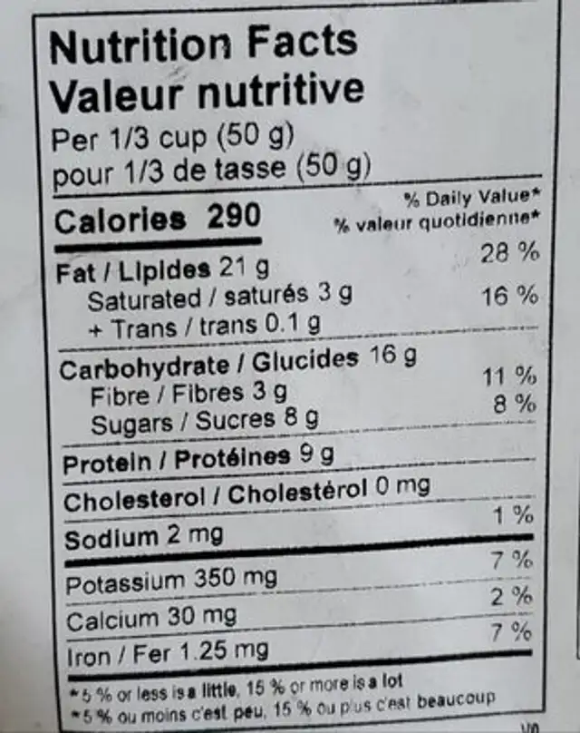 Sierra Trail Mix nutrition facts table