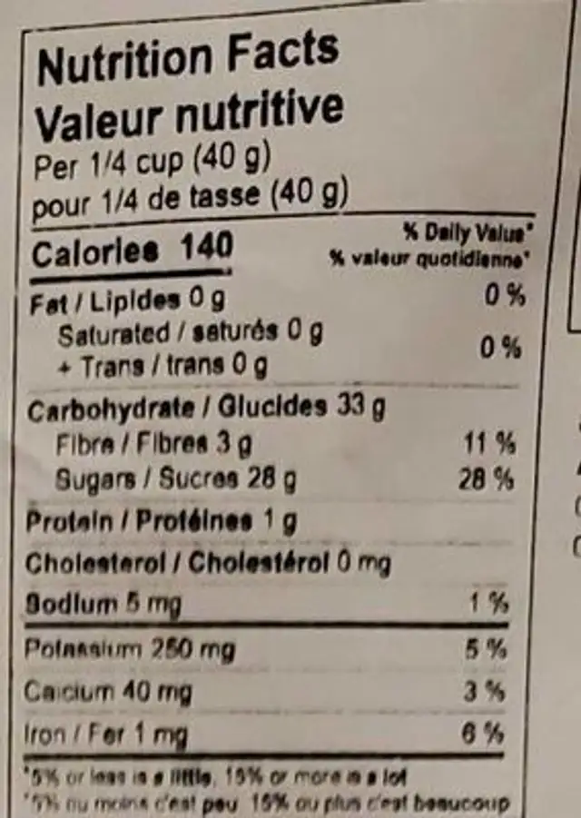 Dattes séchées dénoyautees nutrition facts table