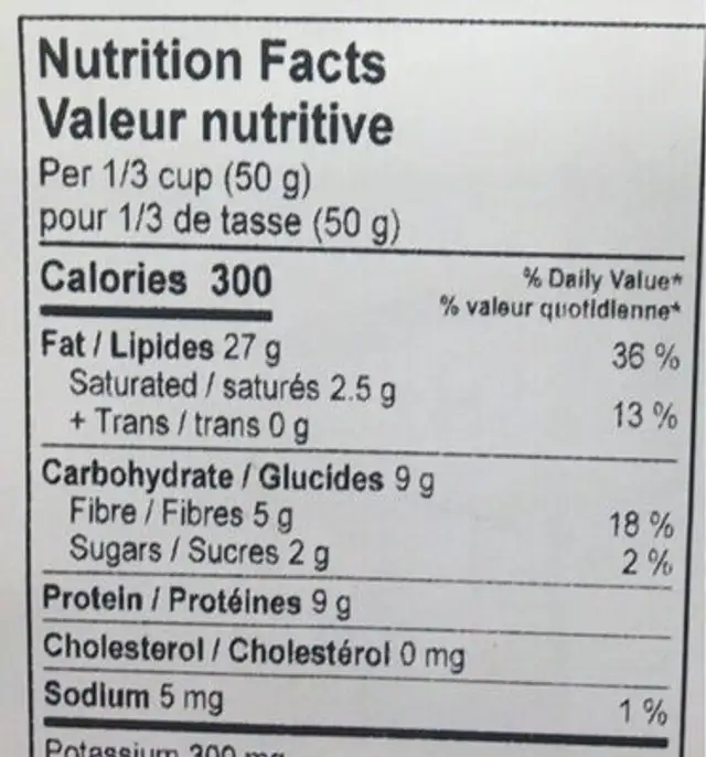Nut Nix nutrition facts table