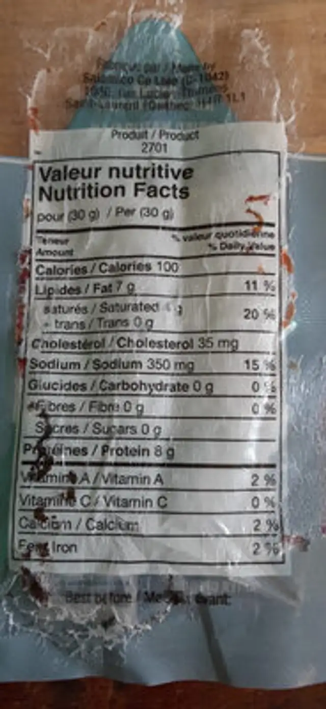 Unknown nutrition facts table