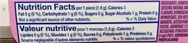 Extra bubblemint sugarfree gum nutrition facts table