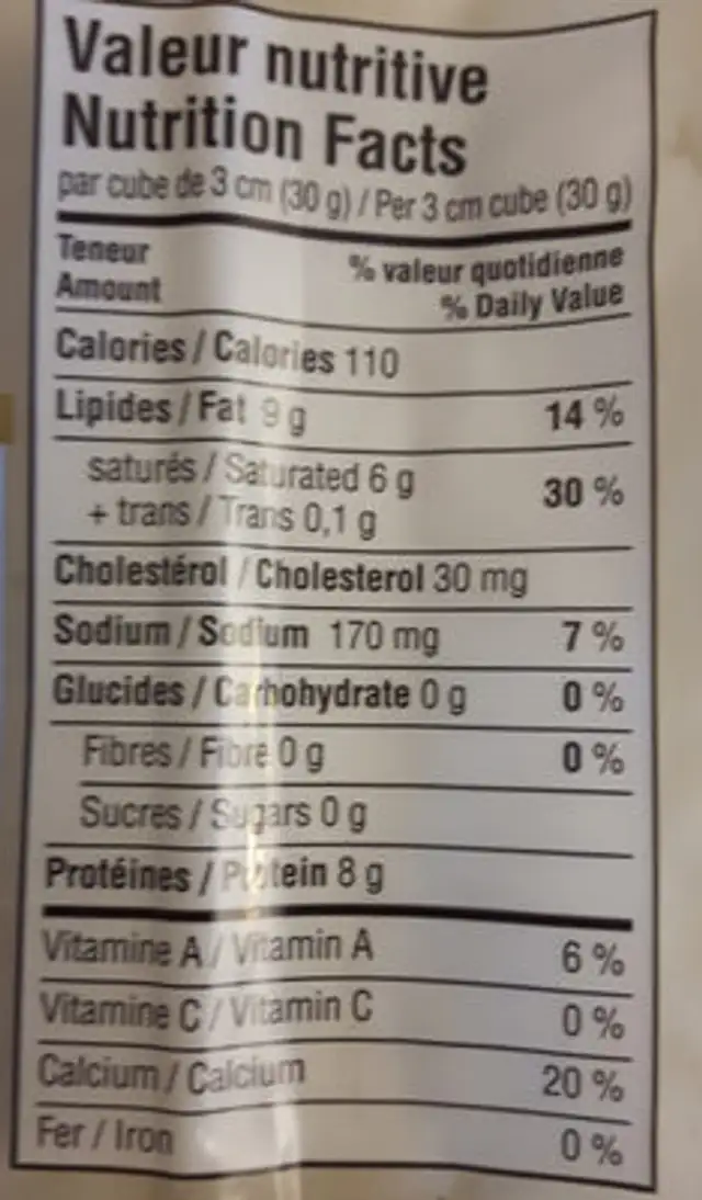 fromage cheddar de chèvre nutrition facts table