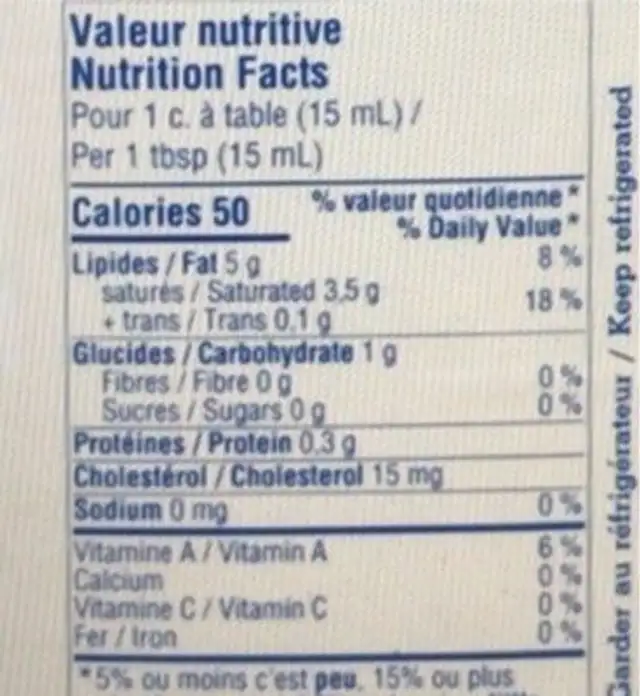 Crème à fouetter nutrition facts table