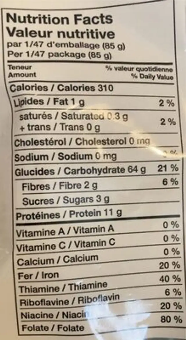 Spaghetti nutrition facts table