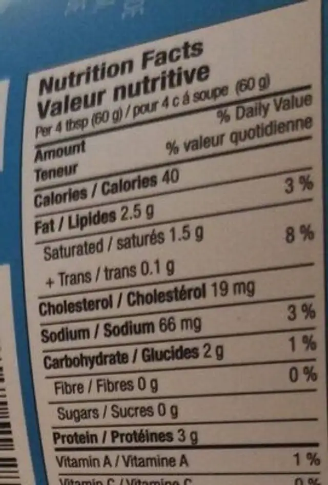 Ricotta Light nutrition facts table
