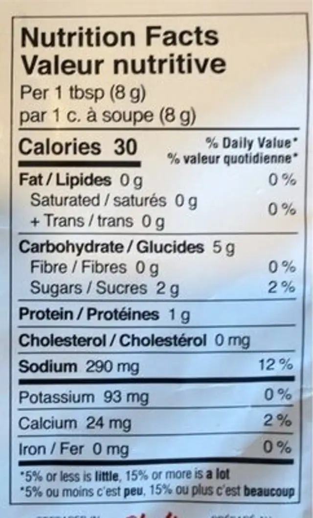 Sauce citron et aneth nutrition facts table