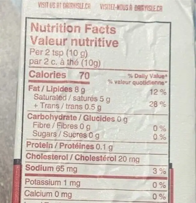 Salted butter nutrition facts table