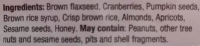 Flax Cranberry Cereal Bar ingredients label