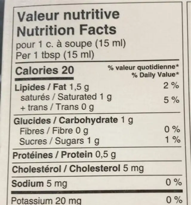 Creme a cafe sans lactose nutrition facts table