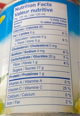 Crushed Pineapple packed in Pineapple Juice (Ananas broyés conditionnée dans du jus d'ananas) nutrition facts table