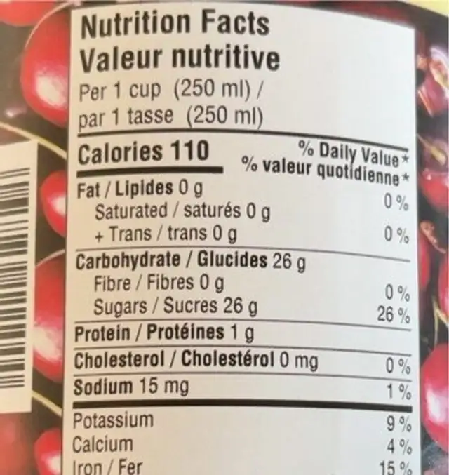 Tart Cherry Organic Juice nutrition facts table