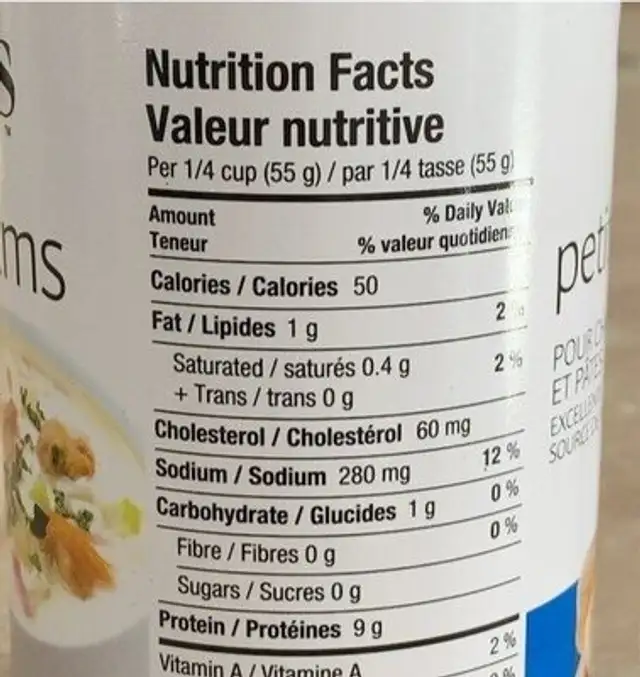 Baby clams nutrition facts table