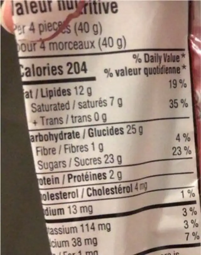 Classic milk chocolate nutrition facts table