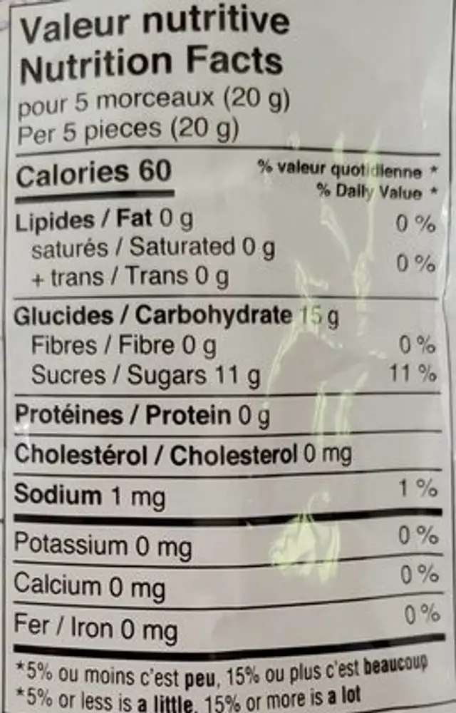 Hard Candies with simulated maple flavour nutrition facts table