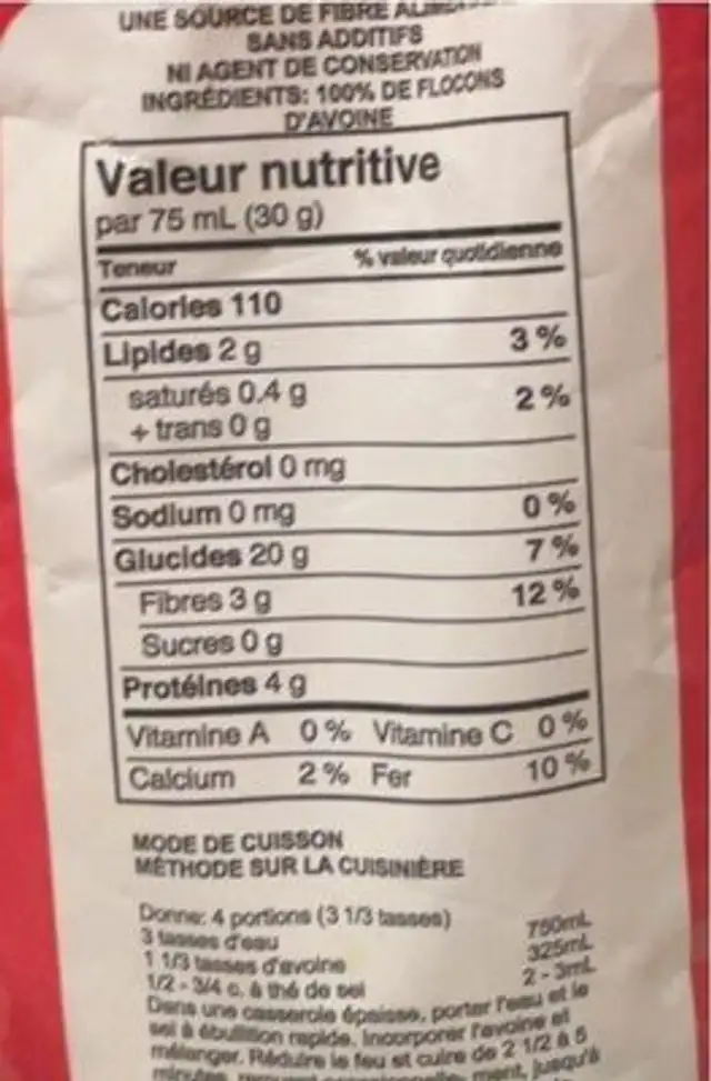 Quick oats nutrition facts table