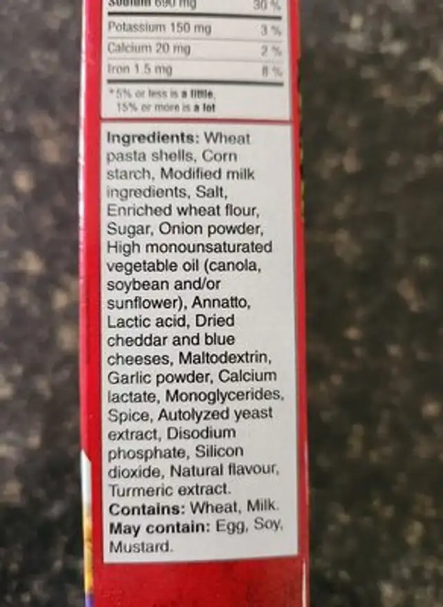 Hamburger Helper Cheesy Shells ingredients label
