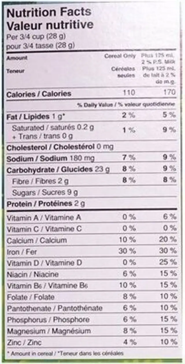 Lucky Charms with unicorn marshmallows nutrition facts table