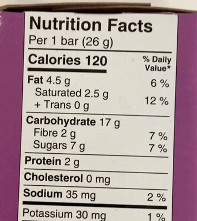 Organic dipped chocolate chip granola bars nutrition facts table