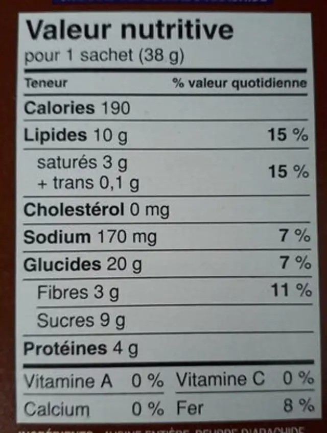 Biscuits chocolat et beurre d'arachide nutrition facts table