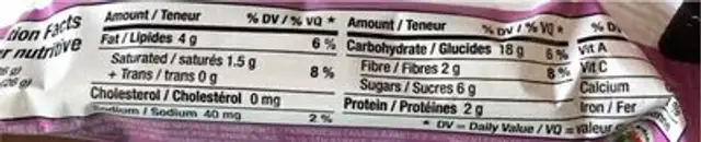 Drizzle chocolate chip nutrition facts table