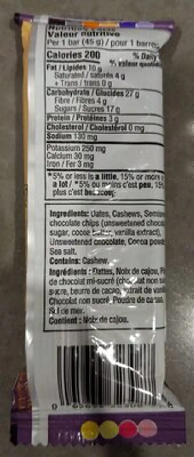 Double Chocolate Truffle Bar nutrition facts table