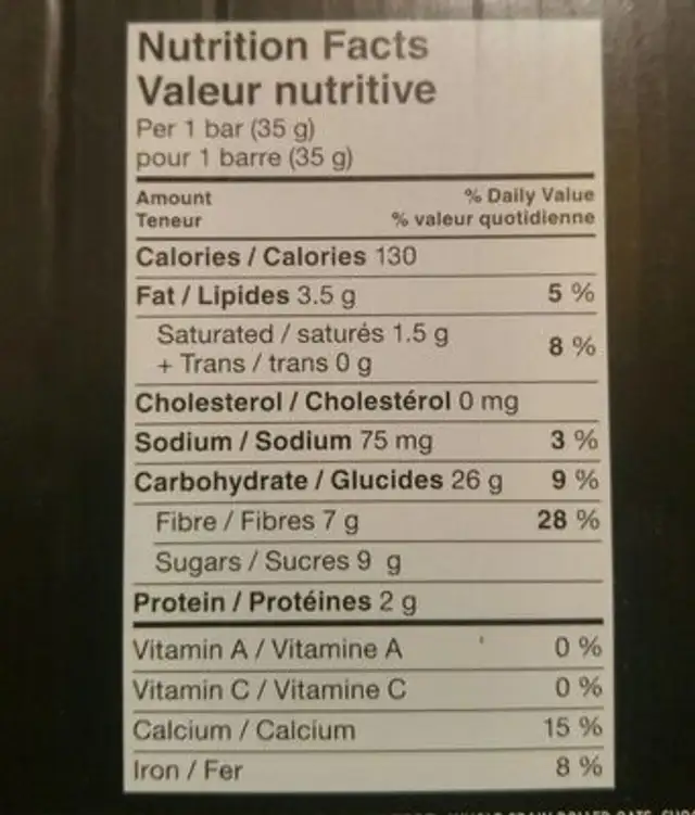Barre tendre avoine et chocolat nutrition facts table