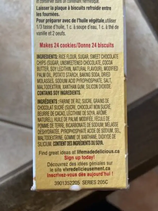 Chicolate chip cookie mix ingredients label