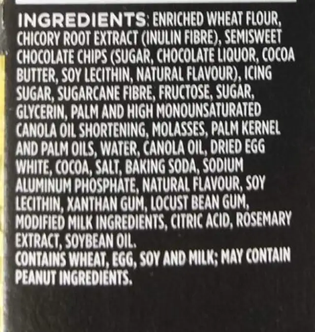 Delights: Chicolate Chip Cookie ingredients label
