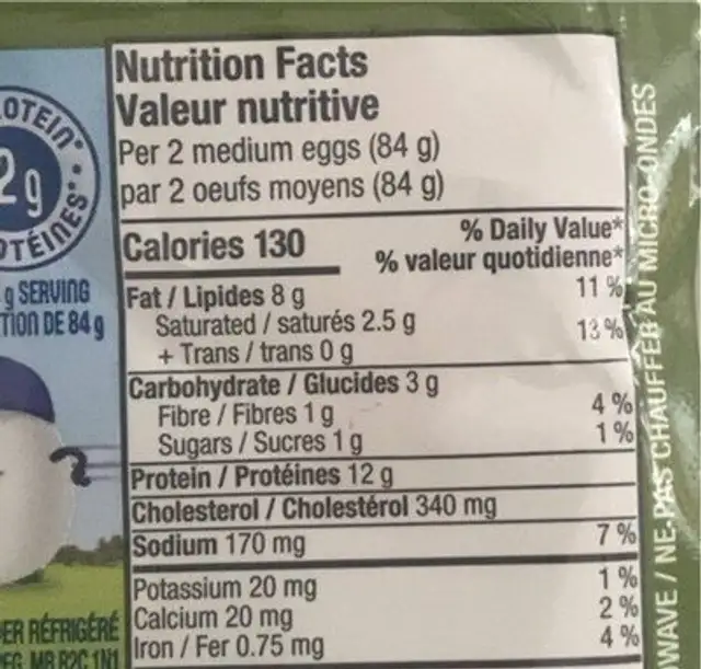 Eggs 2 Go nutrition facts table