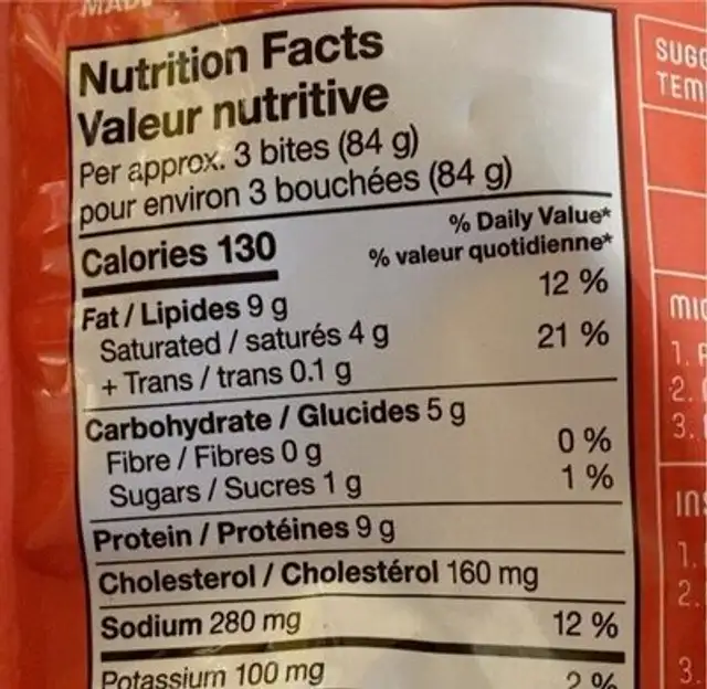 EggBites nutrition facts table