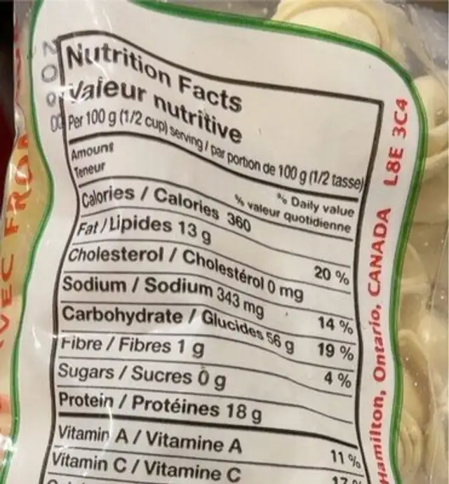 Tortellini nutrition facts table