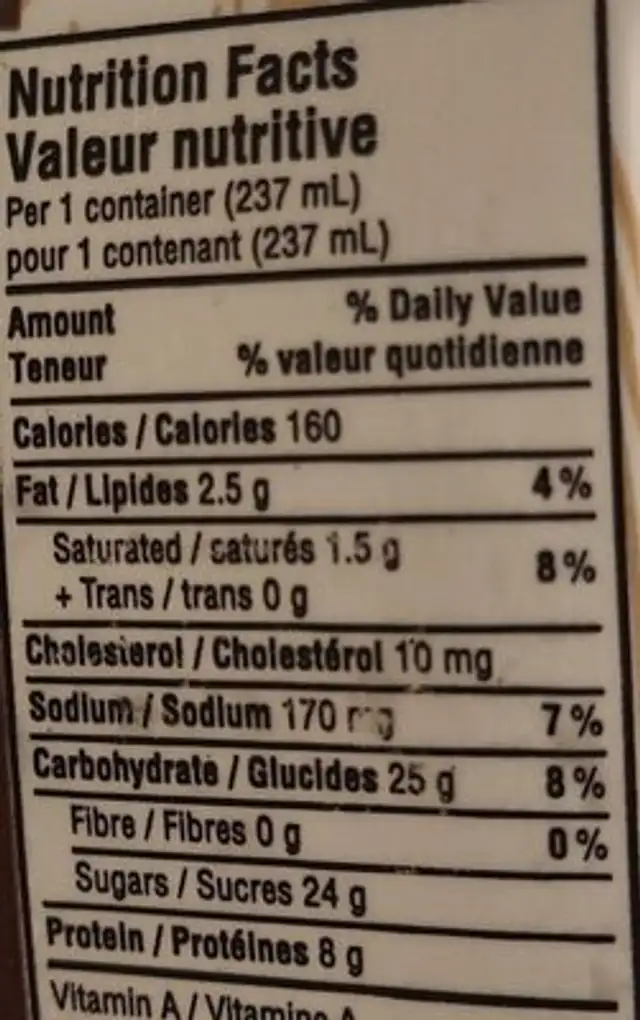 Lait chocolat Baxter nutrition facts table