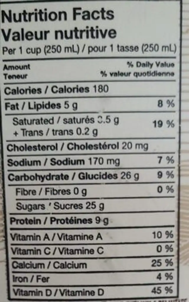 Lait au chocolat nutrition facts table