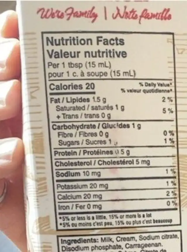 Cereal Cream nutrition facts table