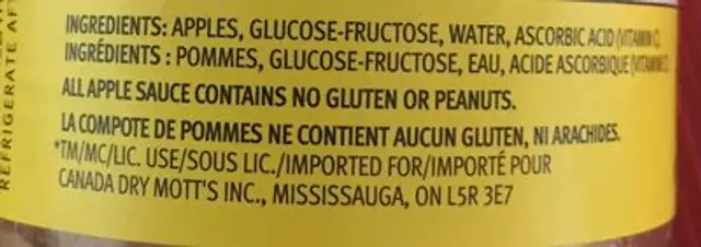 Apple Sauce ingredients label