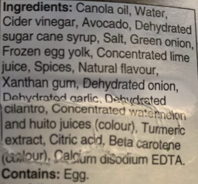 Avocado Goddess ingredients label