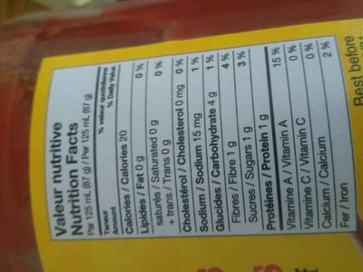 Coulis De Tomates nutrition facts table