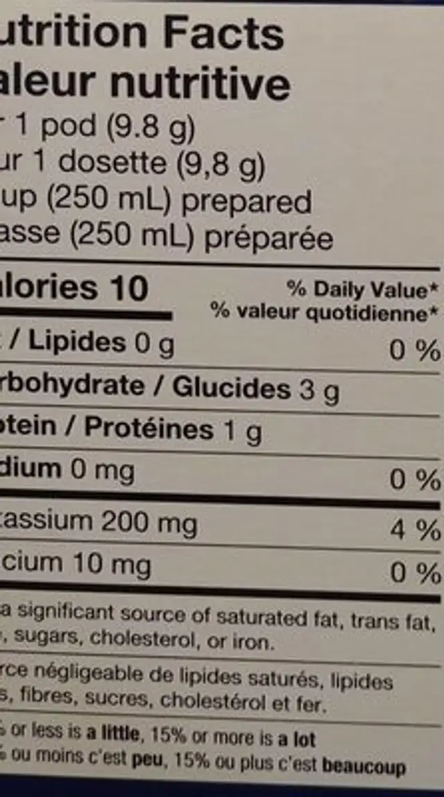 Café décaféiné nutrition facts table