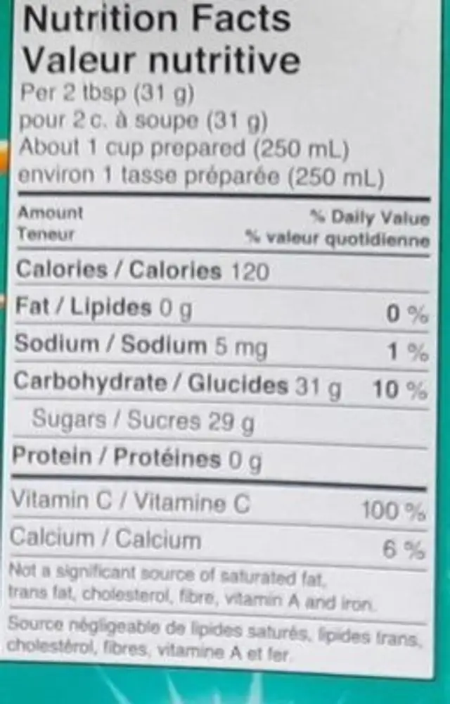 Tang Orange nutrition facts table