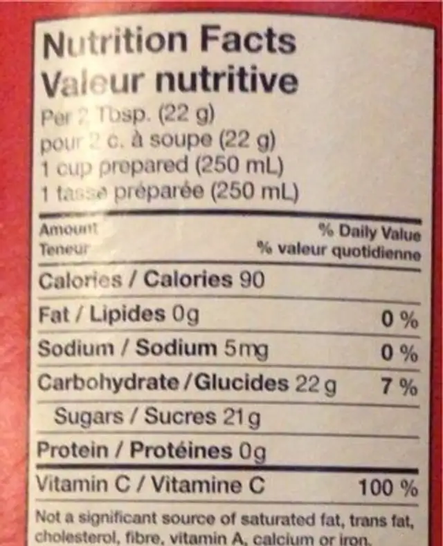 Kool Aid nutrition facts table