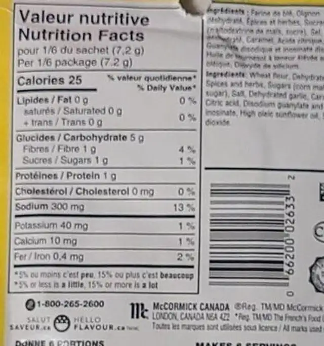 Seasoning mix nutrition facts table