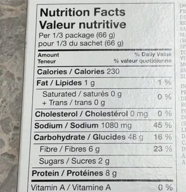 Black beans and rice nutrition facts table