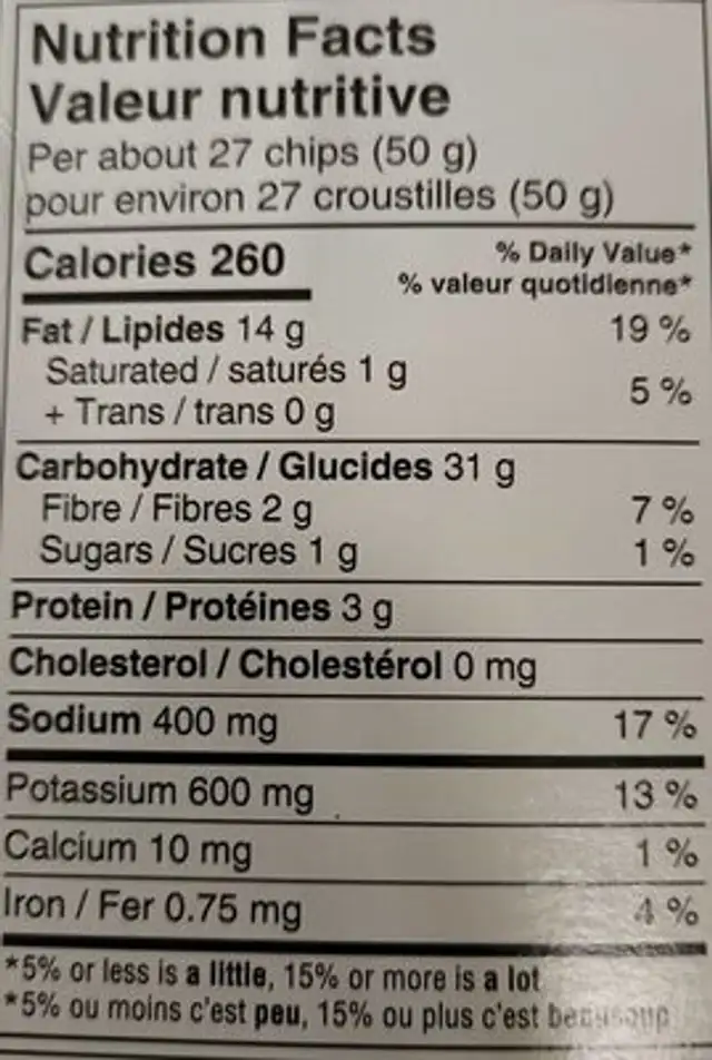 BBQ Chips nutrition facts table