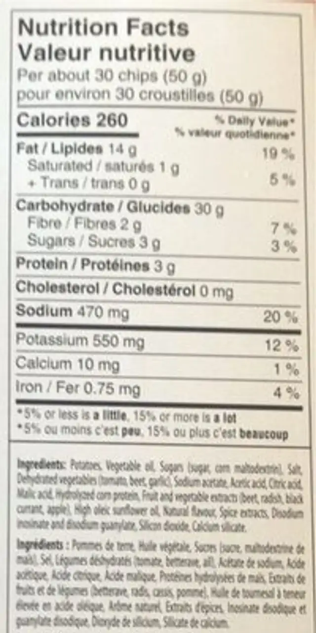 Ketchup chips nutrition facts table