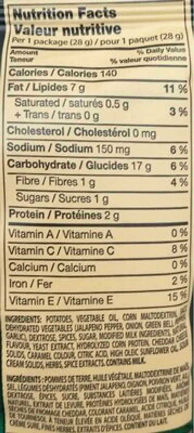 Dutch Crunch Jalapeño & Cheddar Chips nutrition facts table