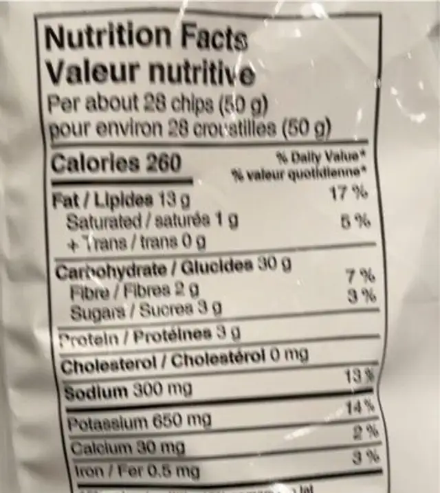 sour cream `n onion nutrition facts table