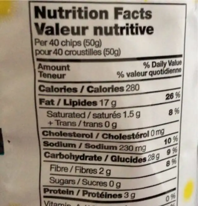 Corn Chips nutrition facts table